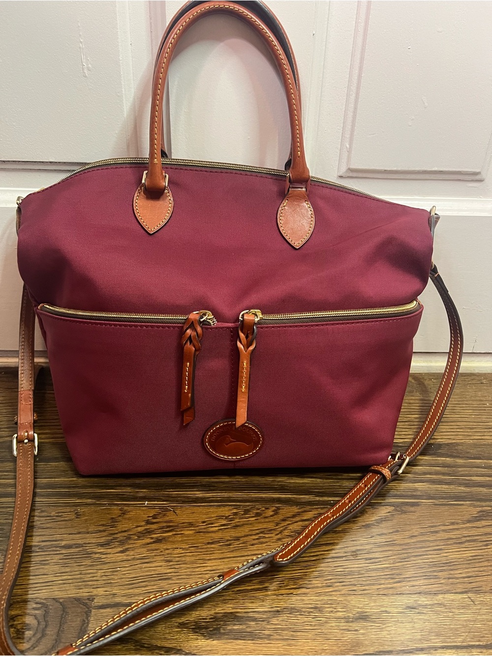 Dooney & Bourke Burgundy Nylon Shoulder Bag with Tan Leather Trim - Picture 1 of 13